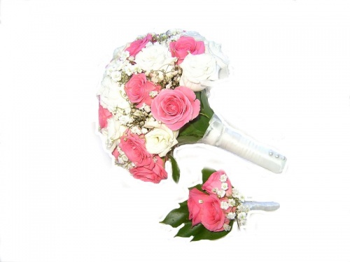 свадебный букет из роз и гипсофилы